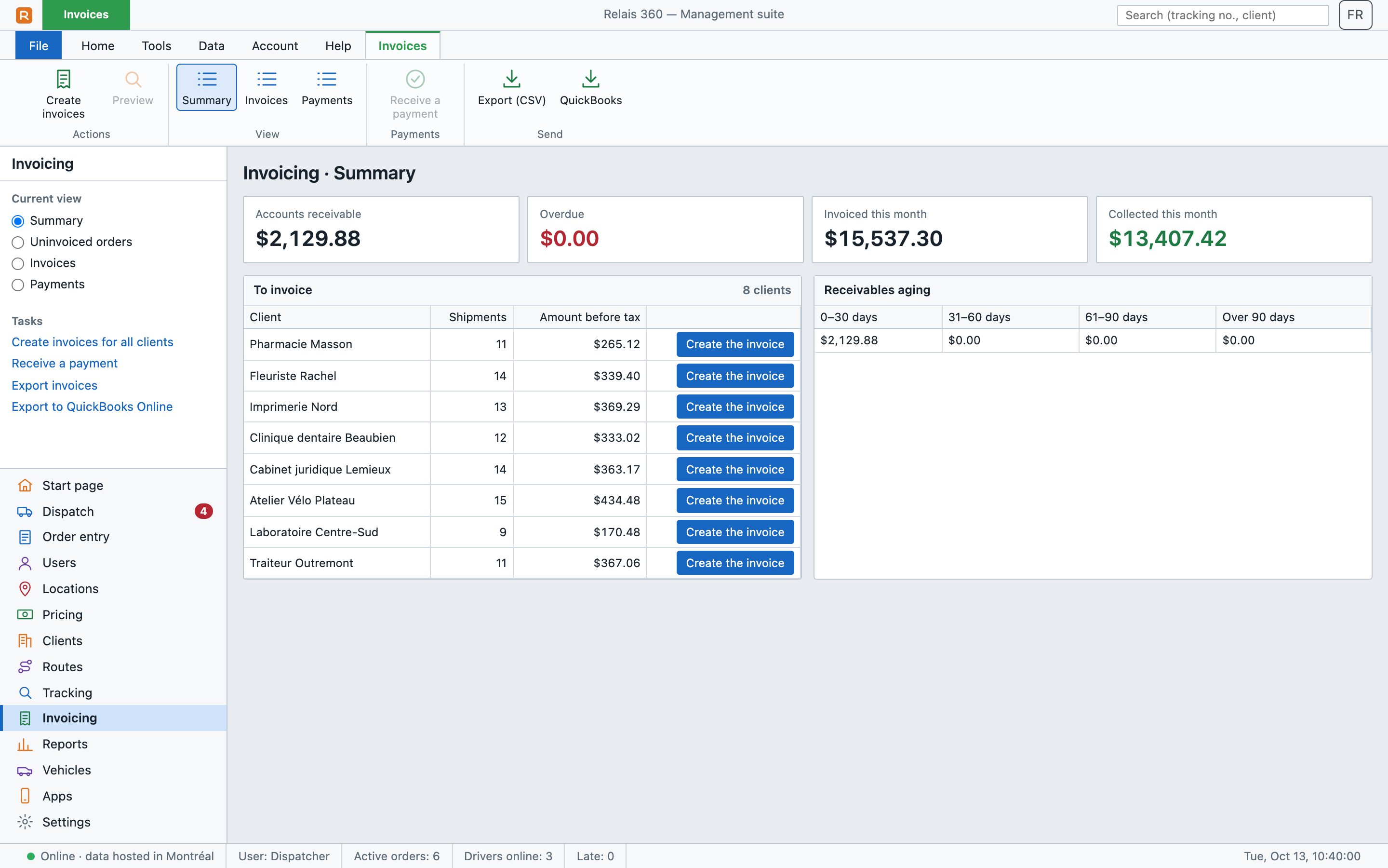 Invoicing: receivables and shipments to invoice per client