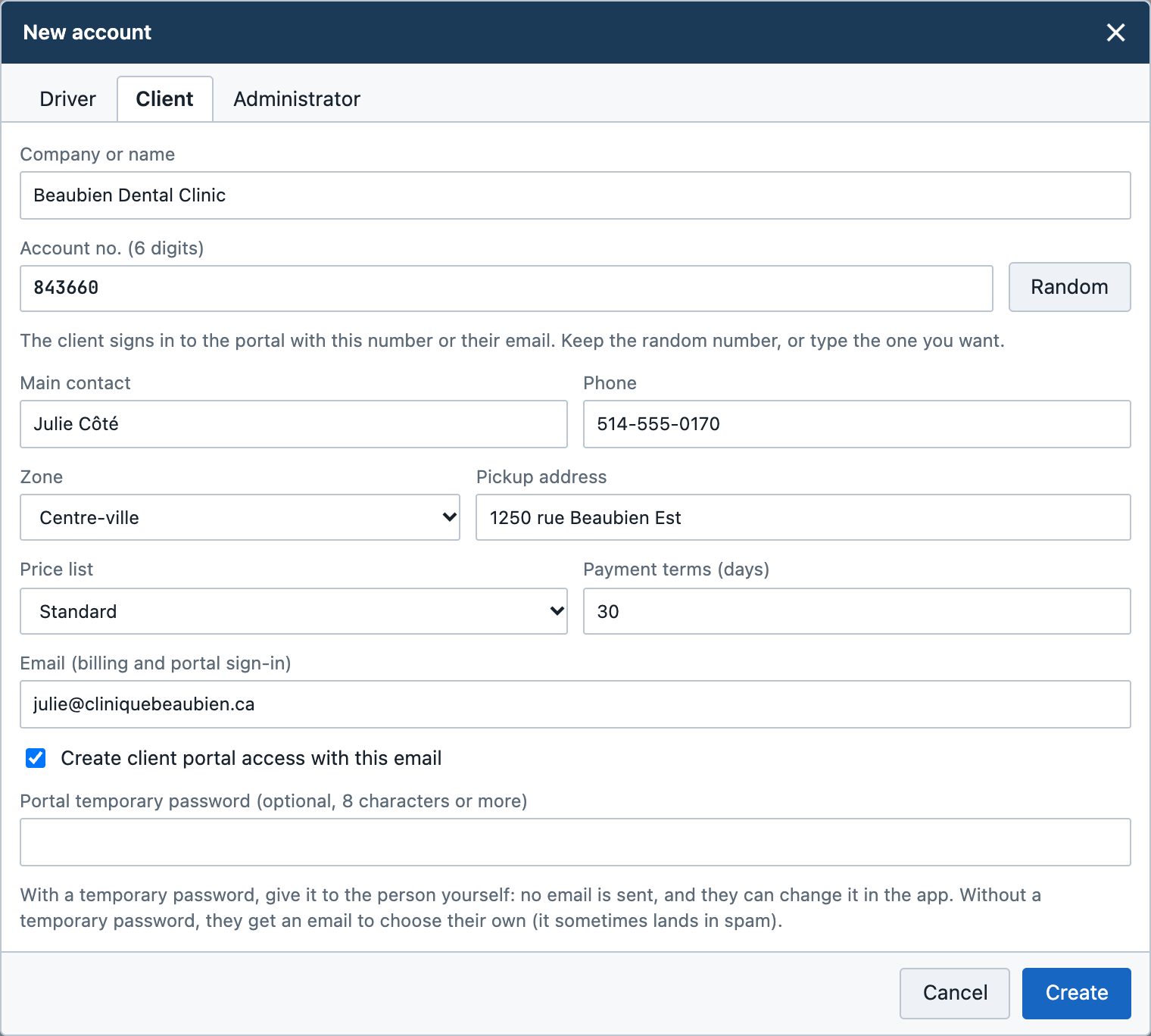 New account window, Client tab, with the client portal access box