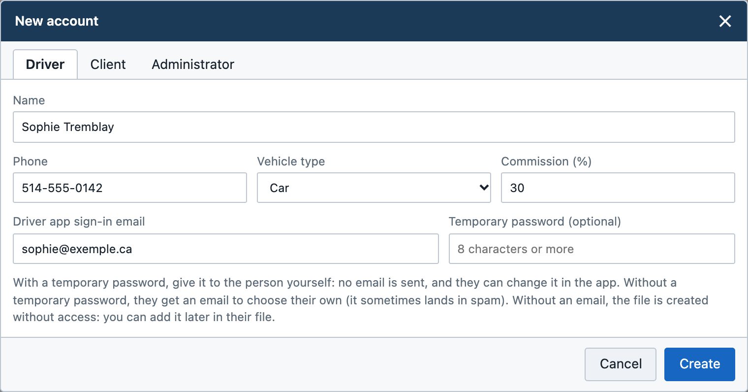 New account window, Driver tab: name, phone, vehicle and sign-in email