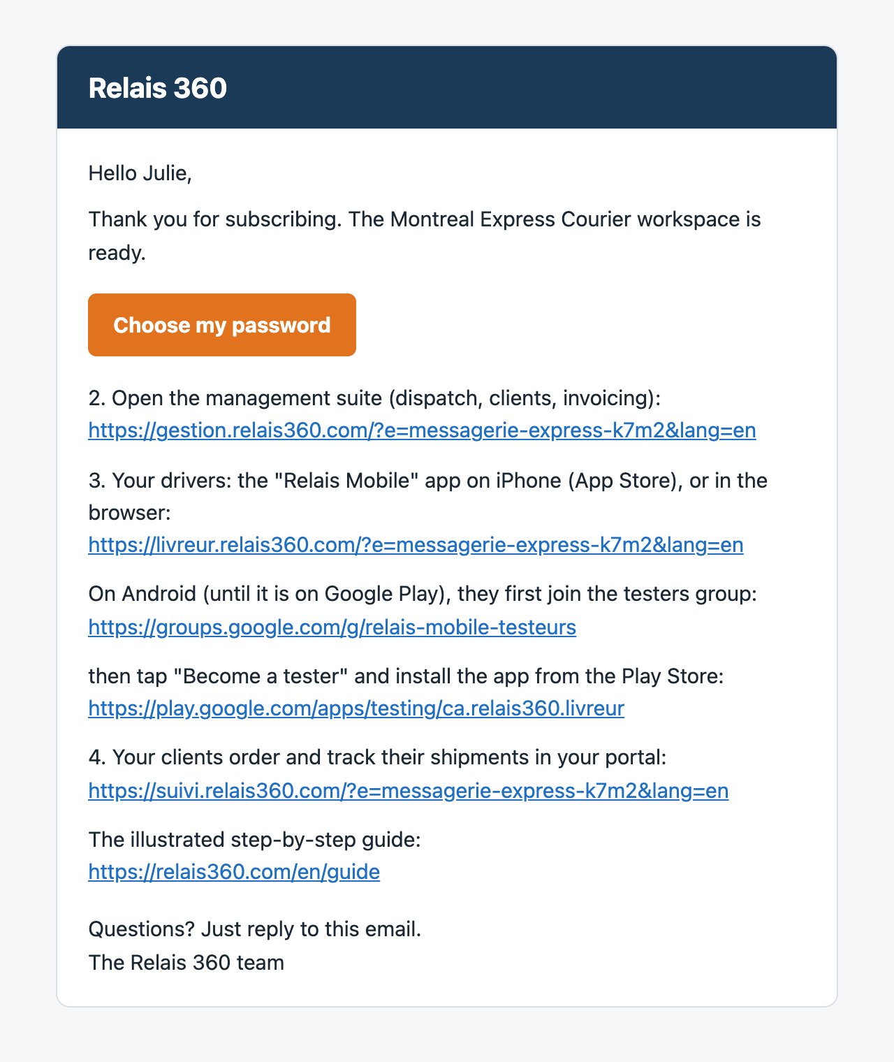 Welcome email with the Choose my password button and the addresses of the three apps