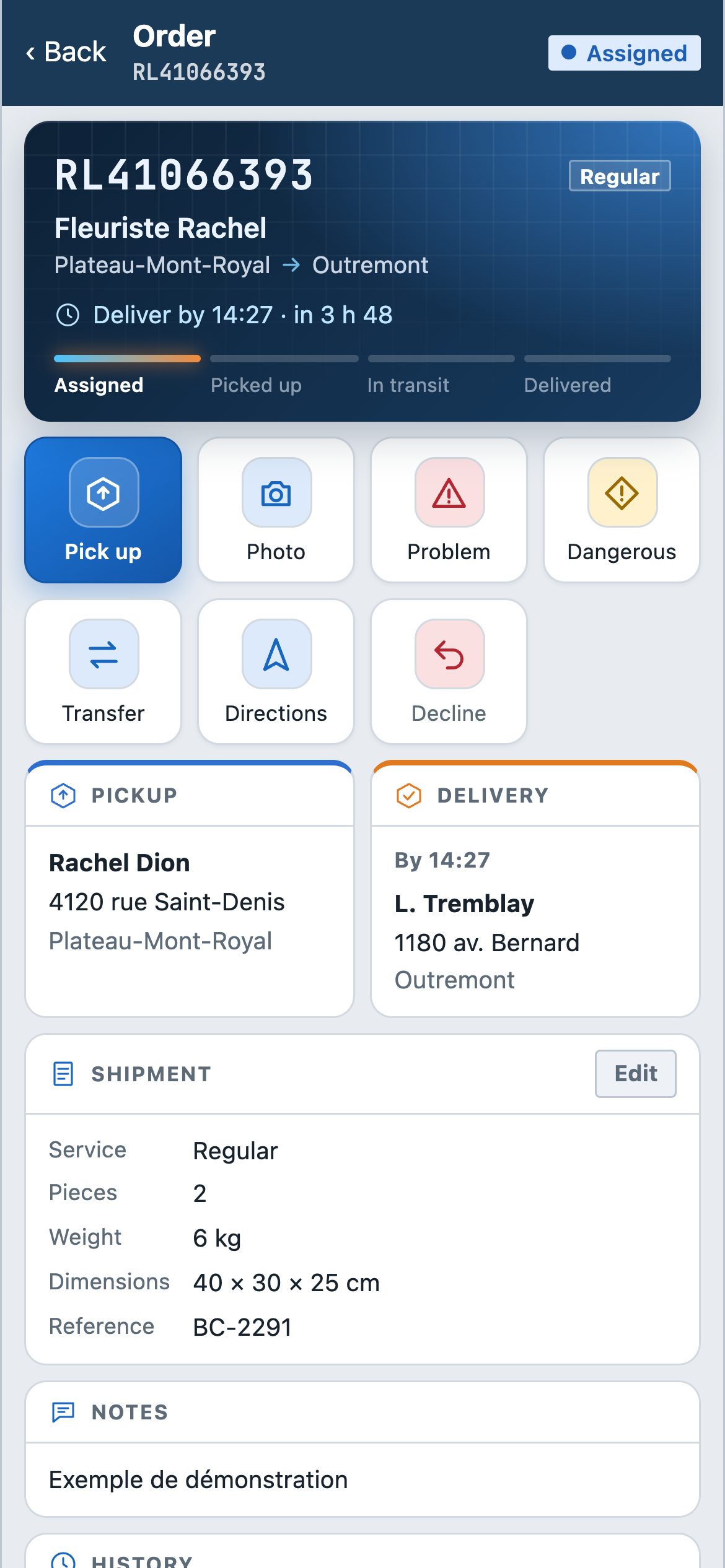 Driver app: order screen with steps and actions