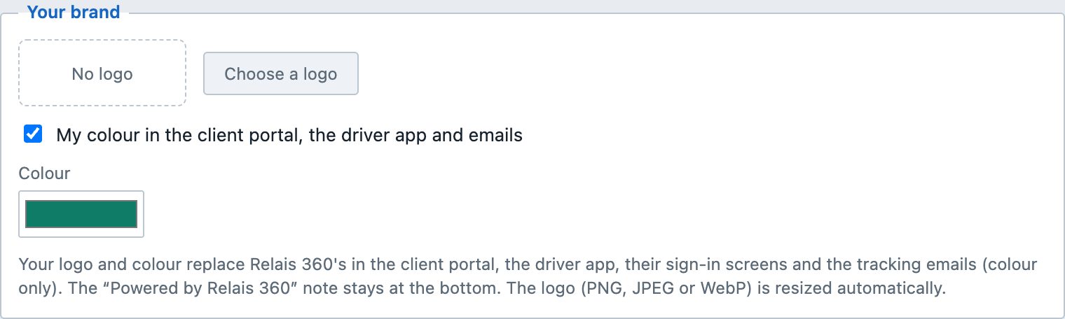 Settings, Your brand section: company logo and colour