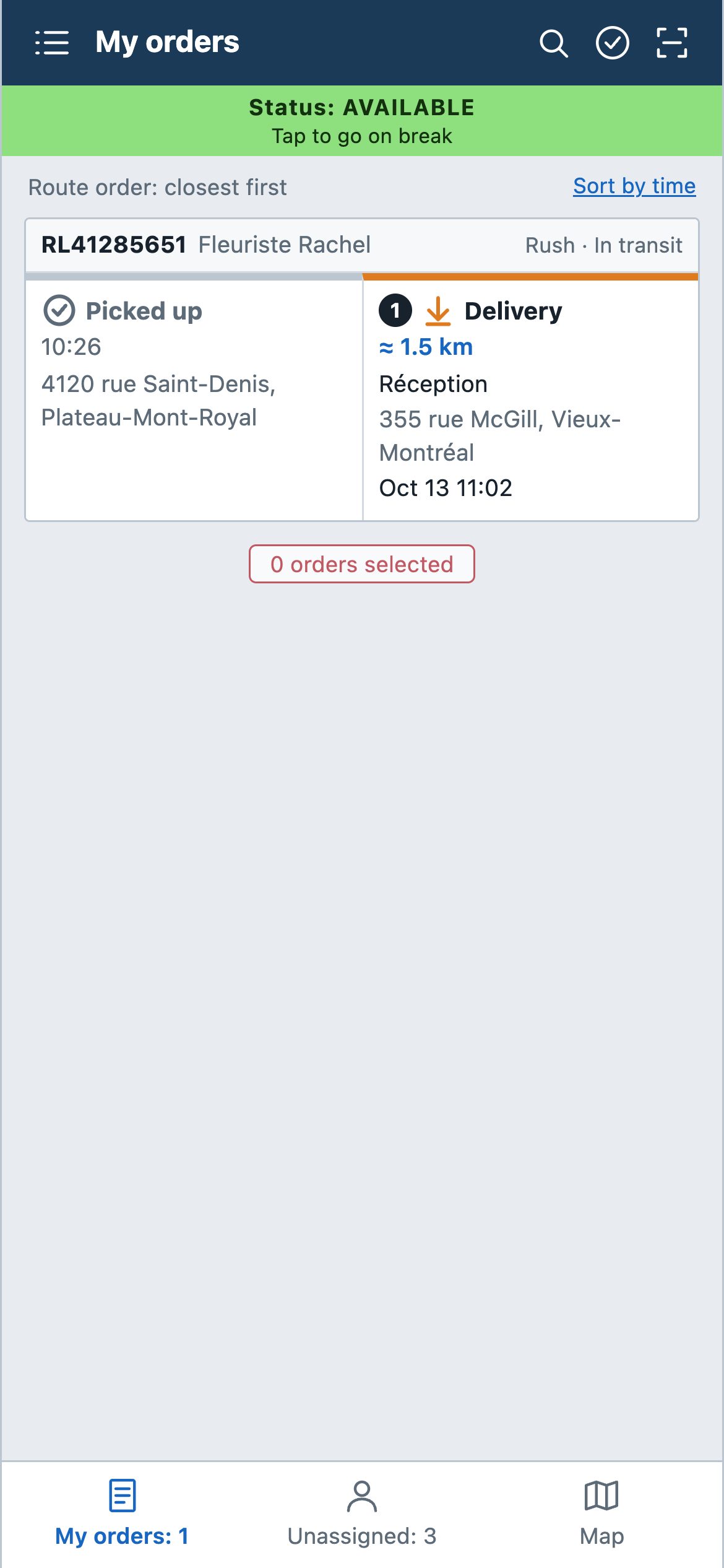 Driver app: order to deliver, route order and distance