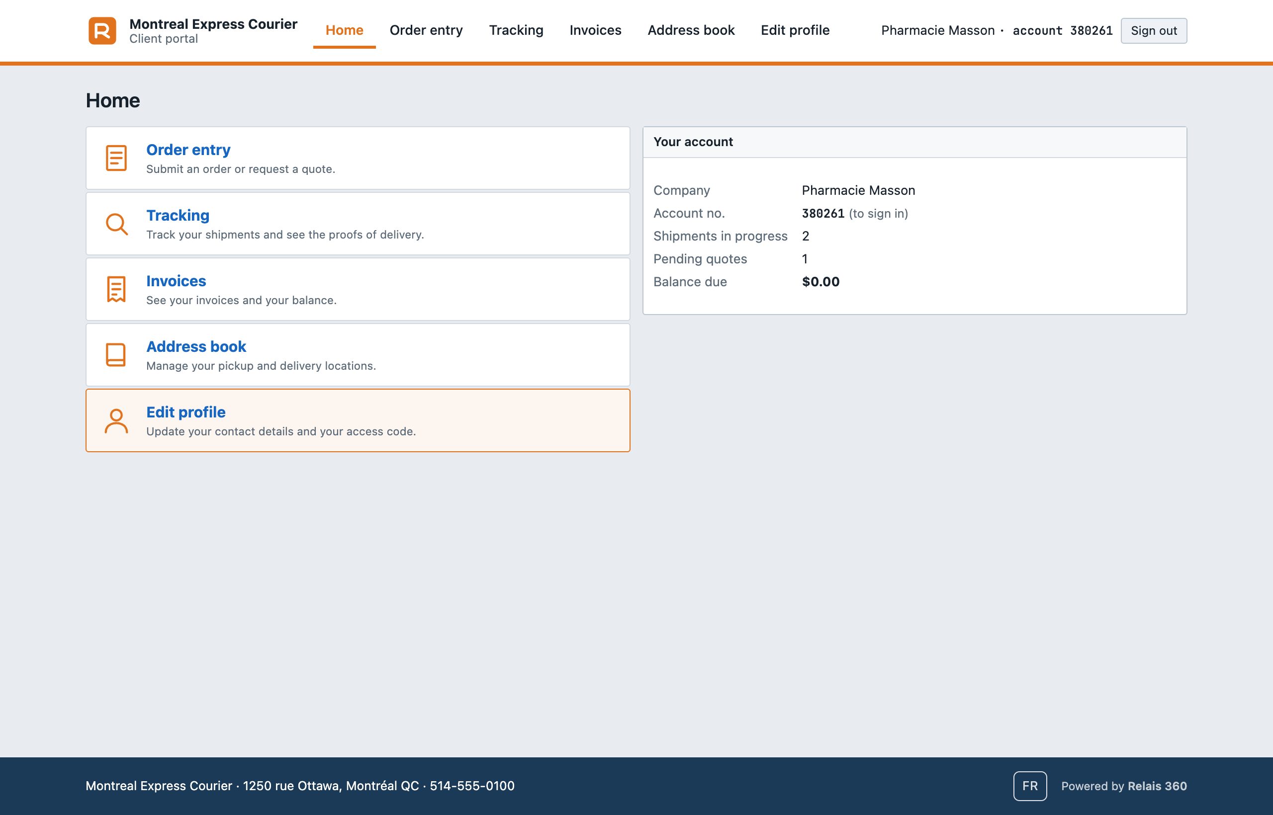 Client portal: orders, tracking, invoices and address book