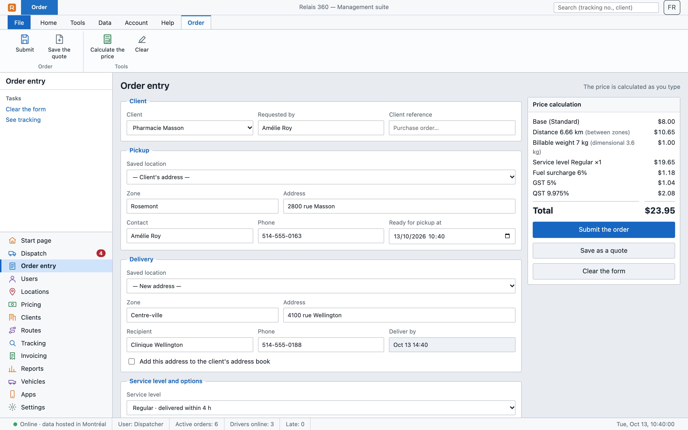 Order entry with a detailed price breakdown