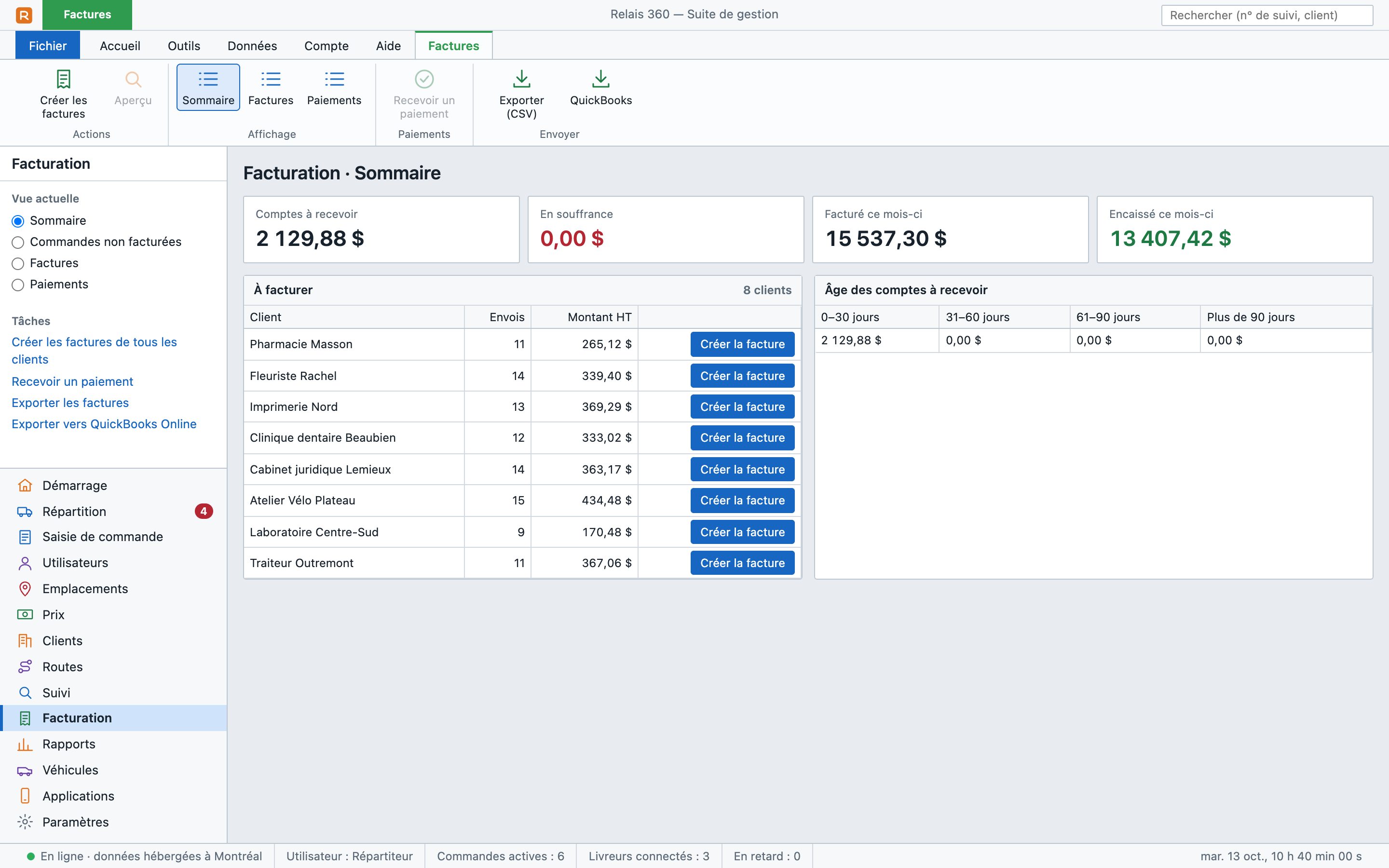 Facturation : comptes à recevoir et envois à facturer par client