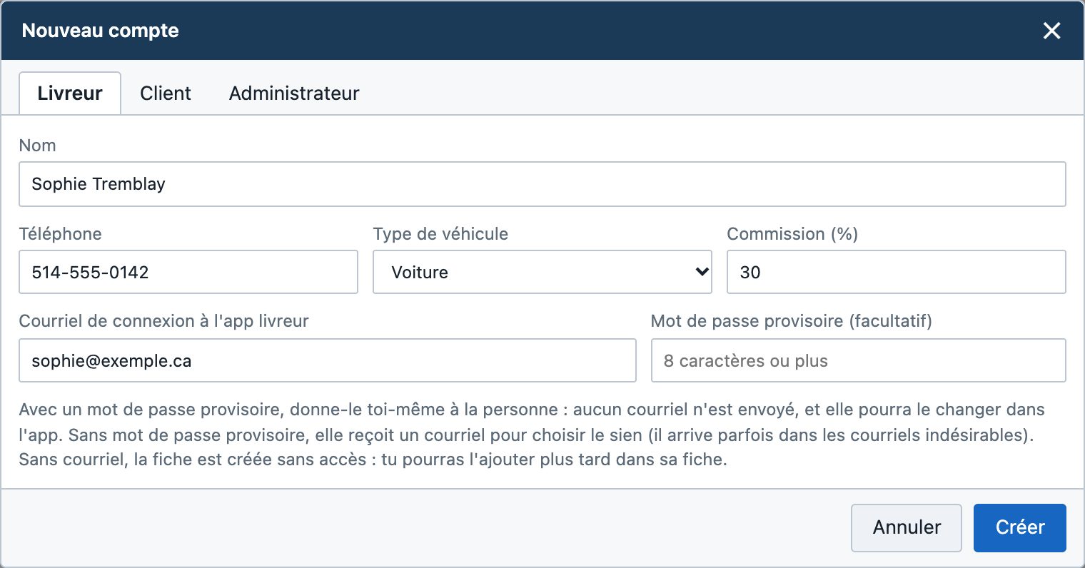 Fenêtre Nouveau compte, onglet Livreur : nom, téléphone, véhicule et courriel de connexion