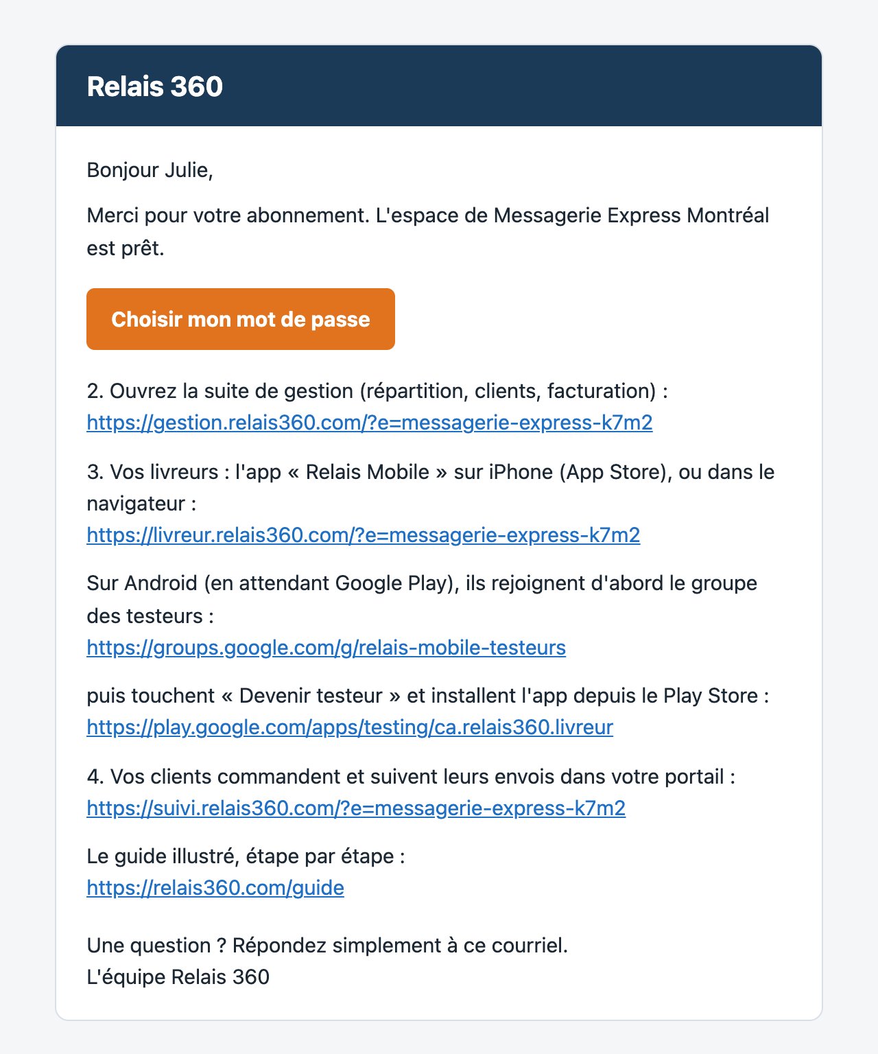 Courriel de bienvenue avec le bouton Choisir mon mot de passe et les adresses des trois applications