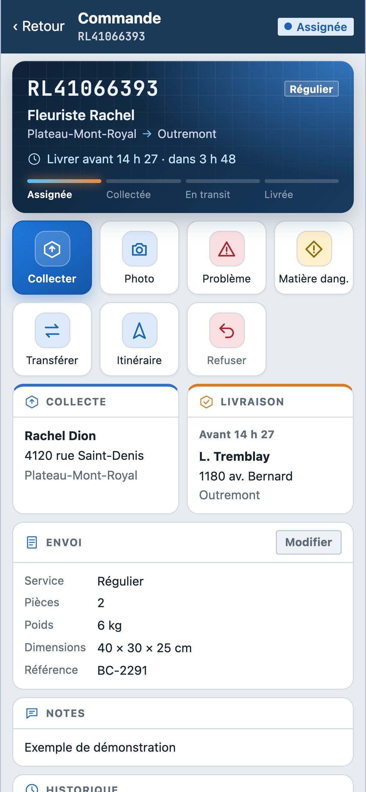 App livreur : fiche d'une commande avec les étapes et les actions