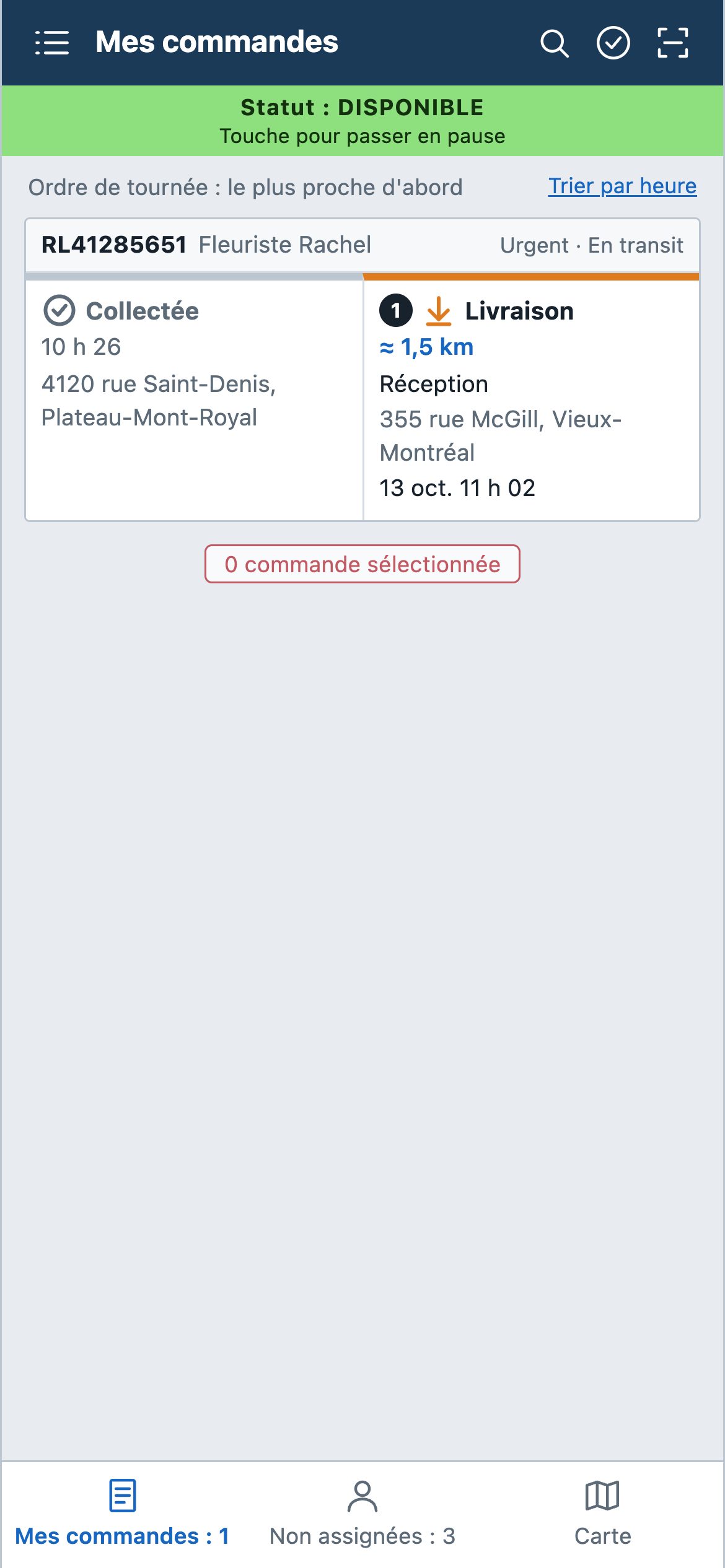 App livreur : commande à livrer, ordre de tournée et distance