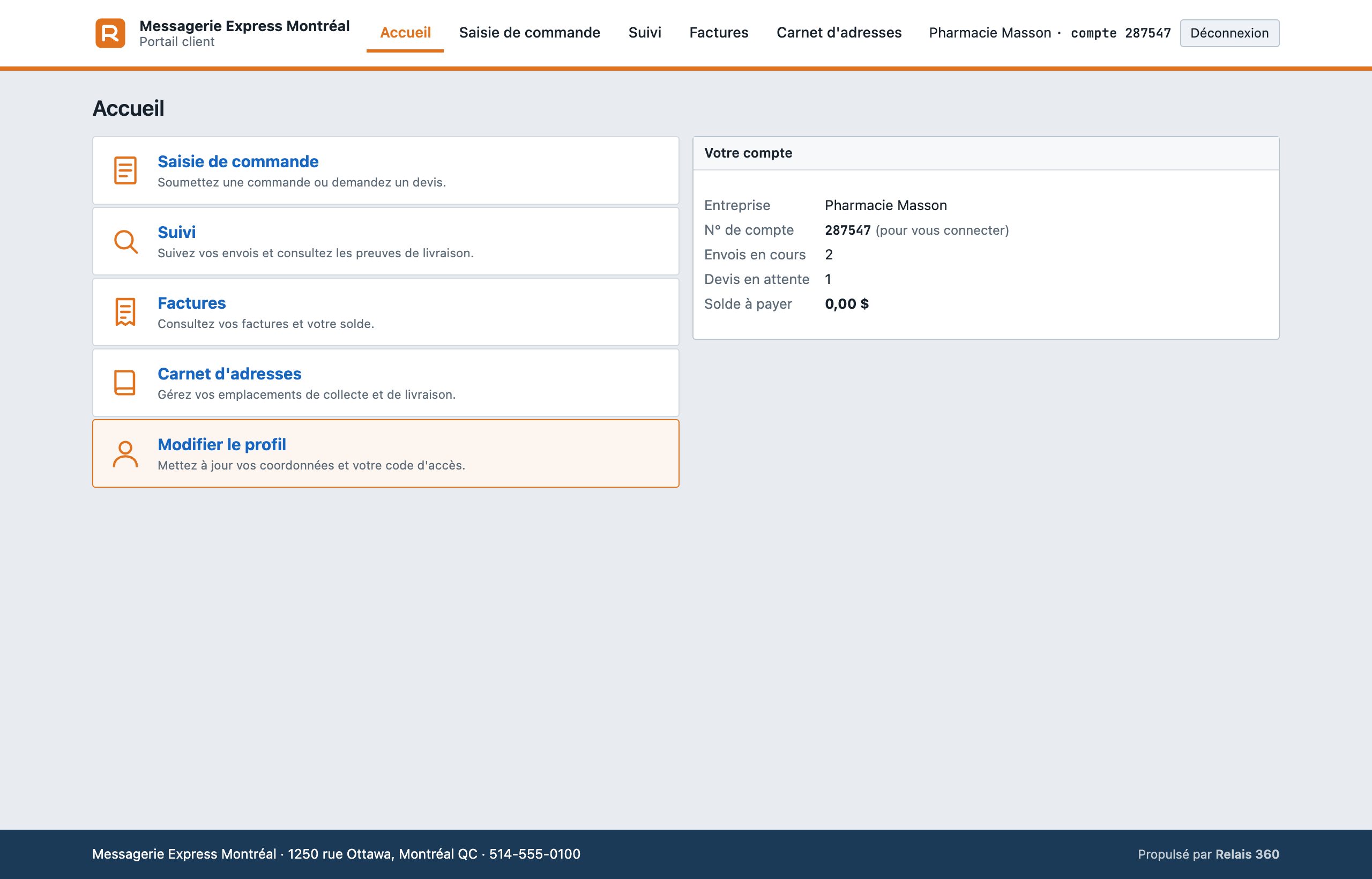 Portail client : commandes, suivi, factures et carnet d'adresses